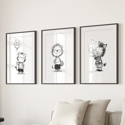 Black and White Safari Nursery Wall Art Set of 3 - Lion, Tiger, Zebra