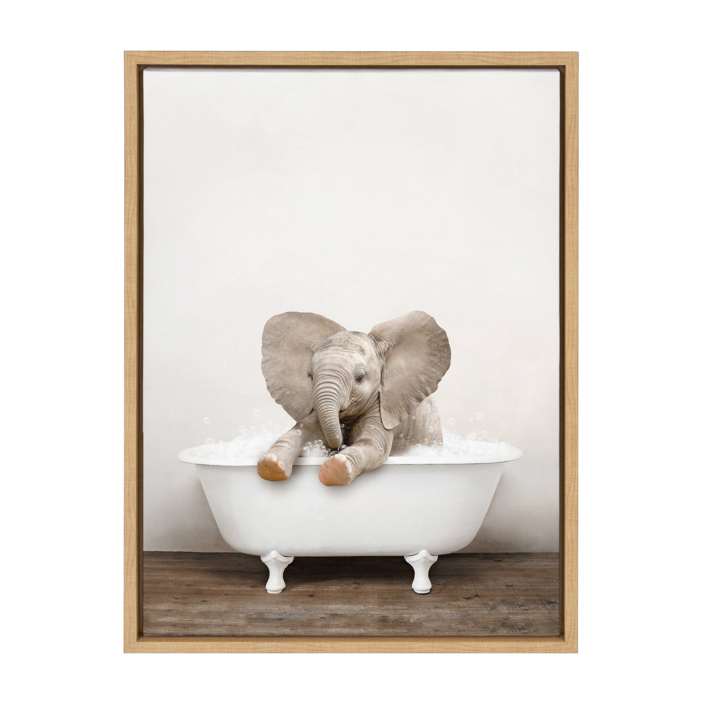 Baby Elephant in Rustic Bath Framed Canvas Wall Art