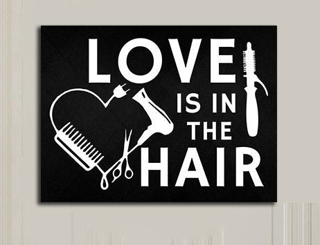 Love Is In The Hair canvas wall art, playful beauty salon decor