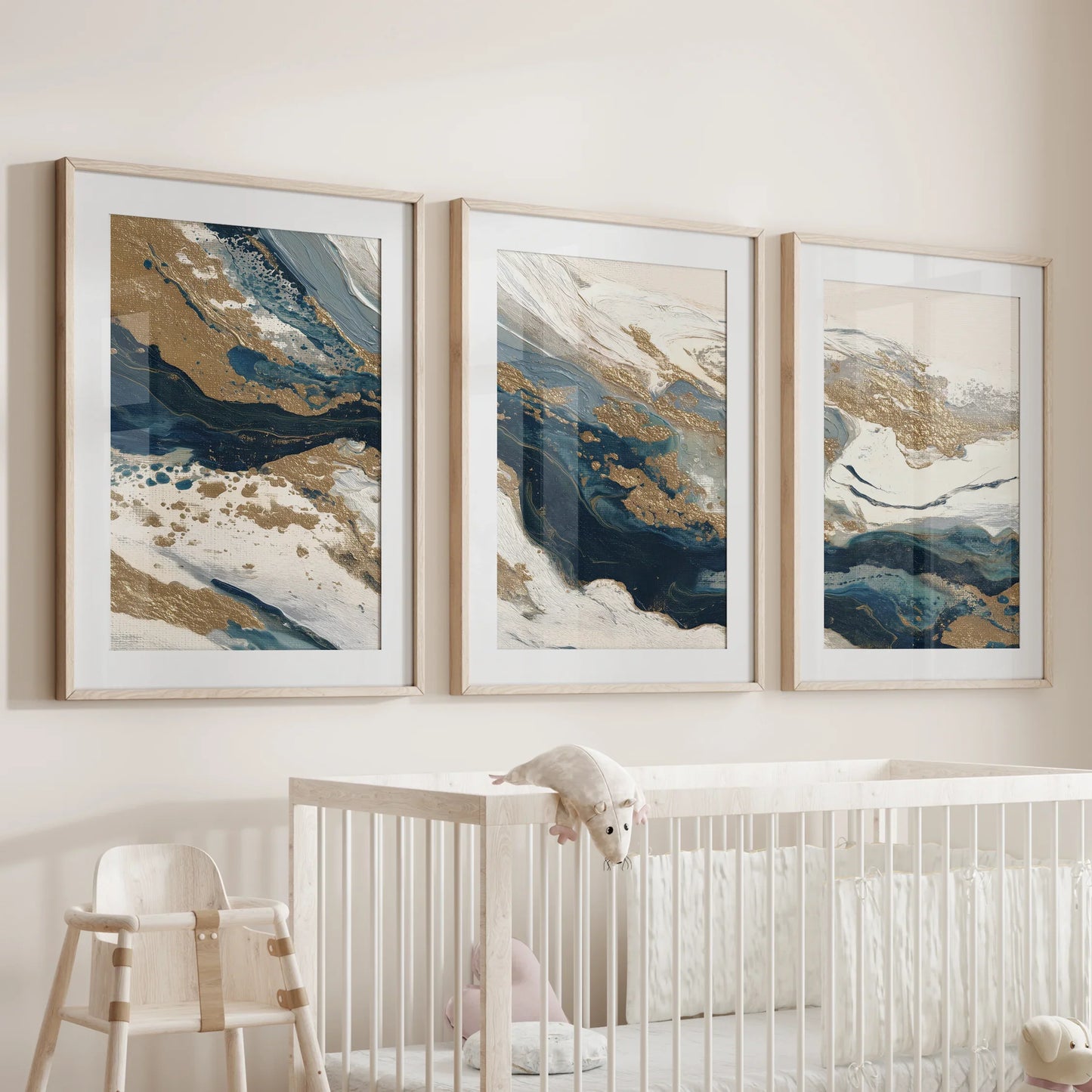 Gold and Blue Brush Stroke Abstract Wall Art Set of 3