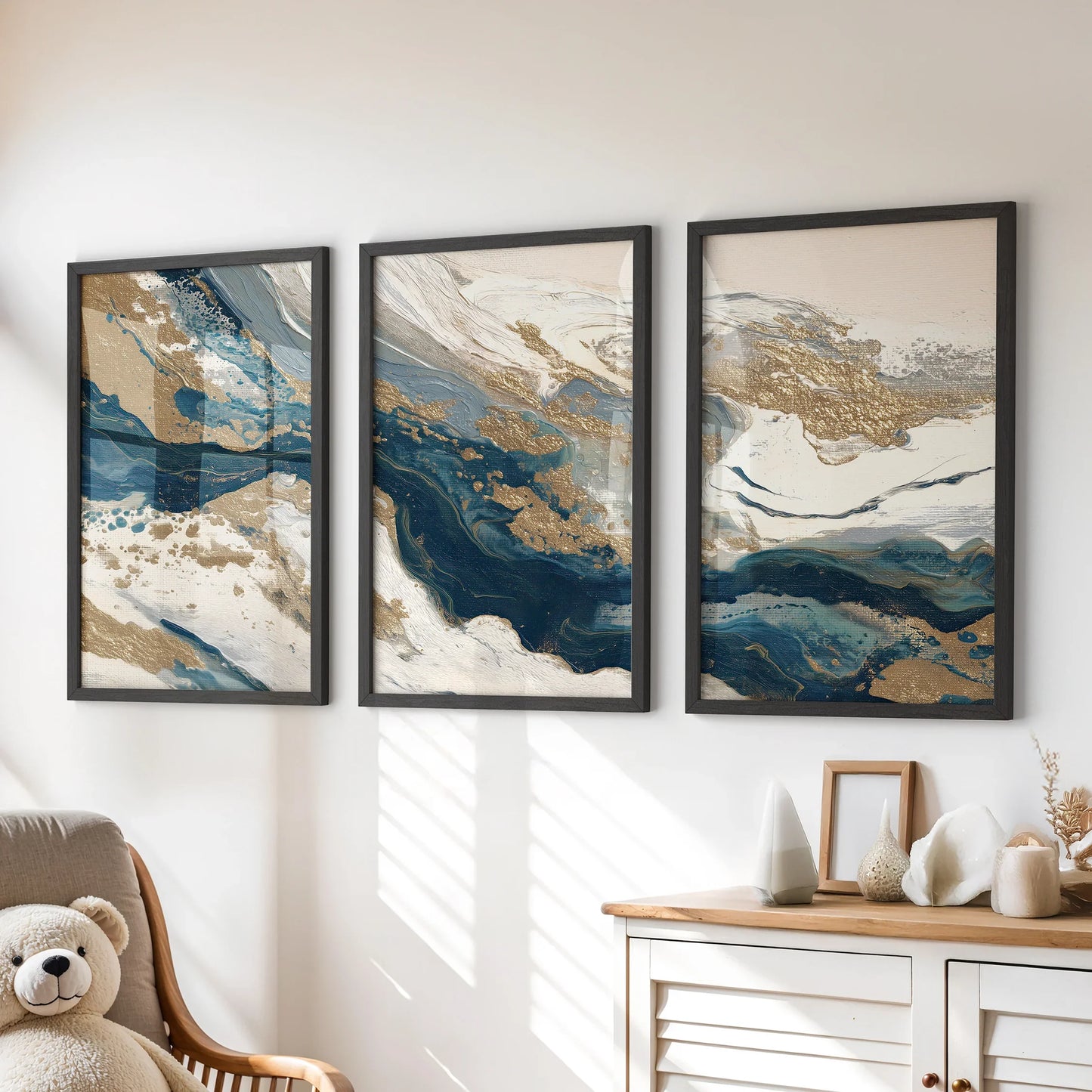 Gold and Blue Brush Stroke Abstract Wall Art Set of 3