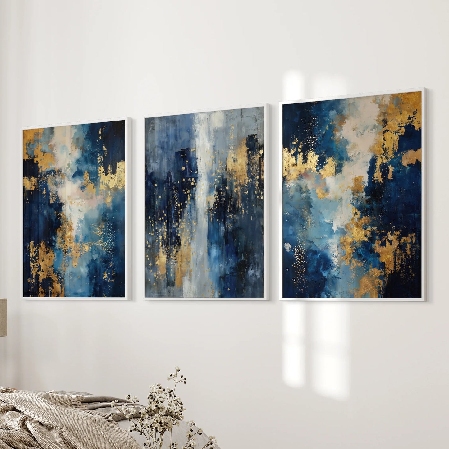 Navy and Gold Abstract Wall Art Set of 3 Contemporary Prints