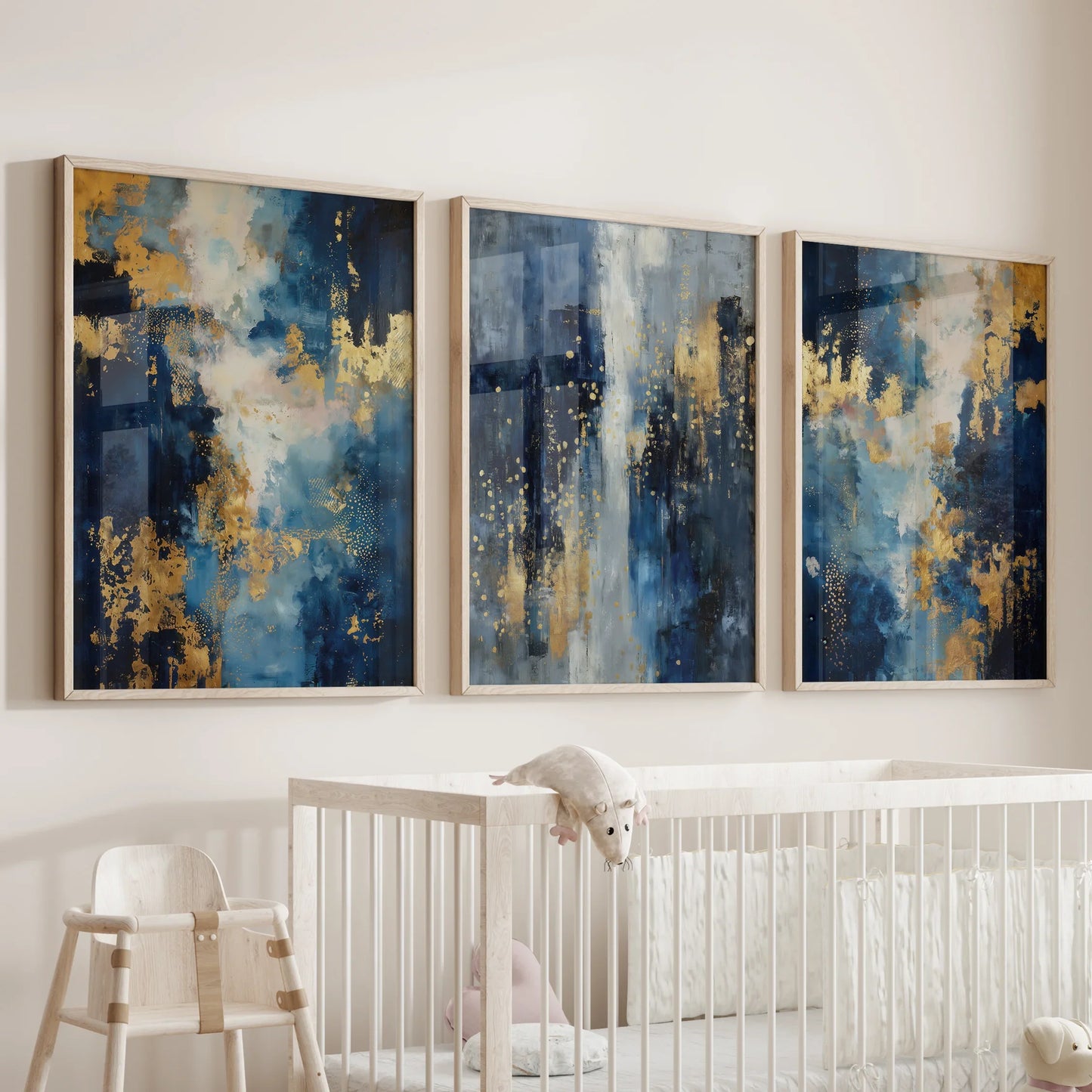 Navy and Gold Abstract Wall Art Set of 3 Contemporary Prints