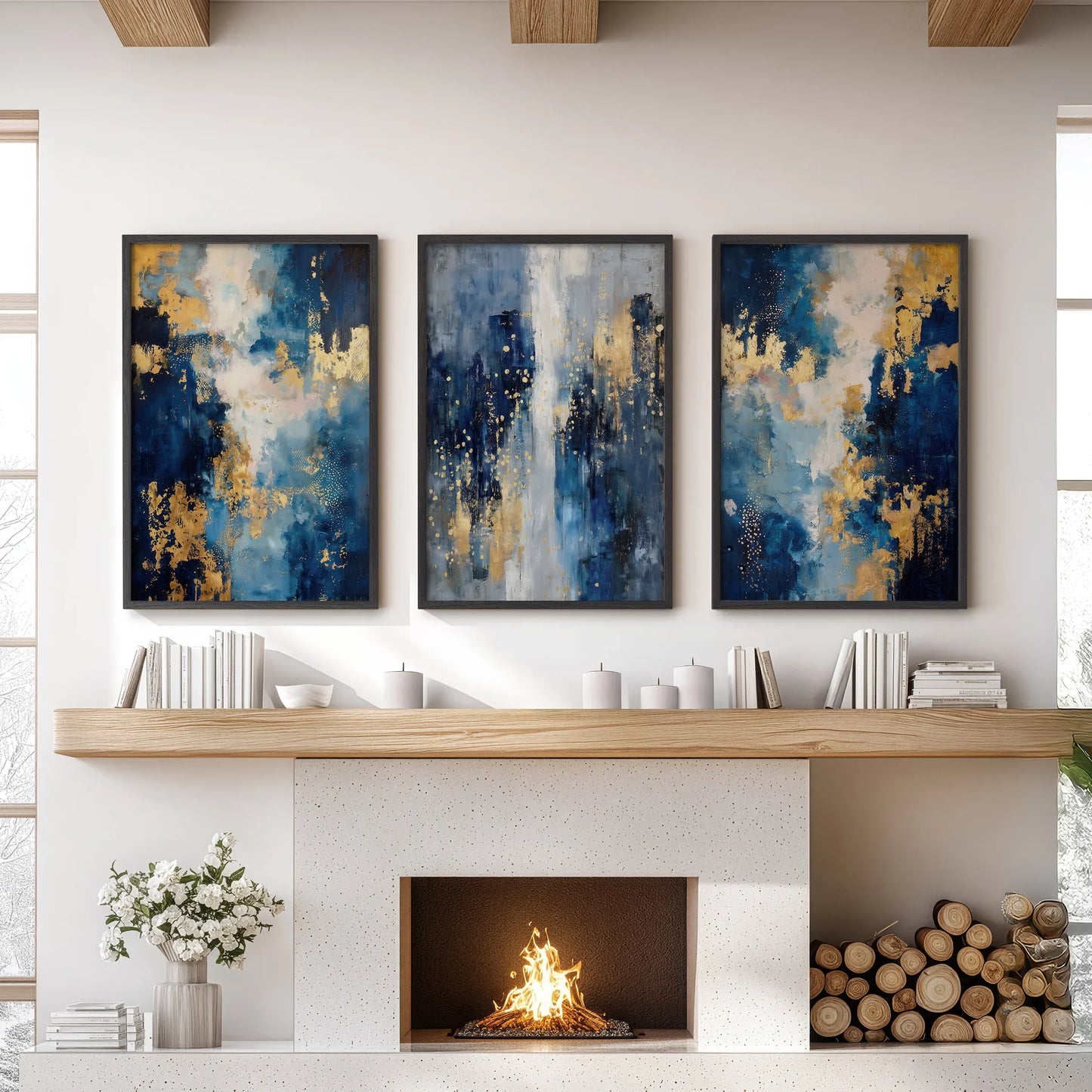Navy and Gold Abstract Wall Art Set of 3 Contemporary Prints
