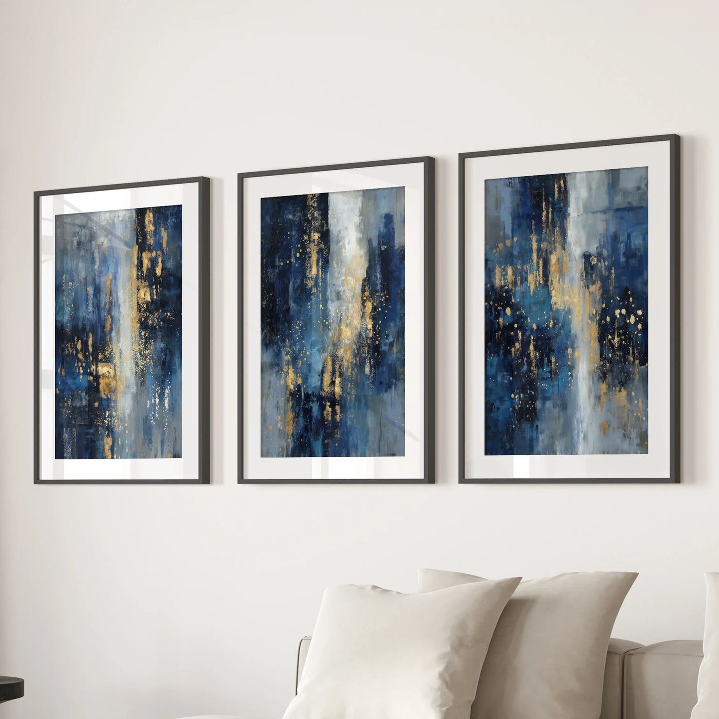 Navy Blue and Gold Abstract Wall Art Set of 3 Prints