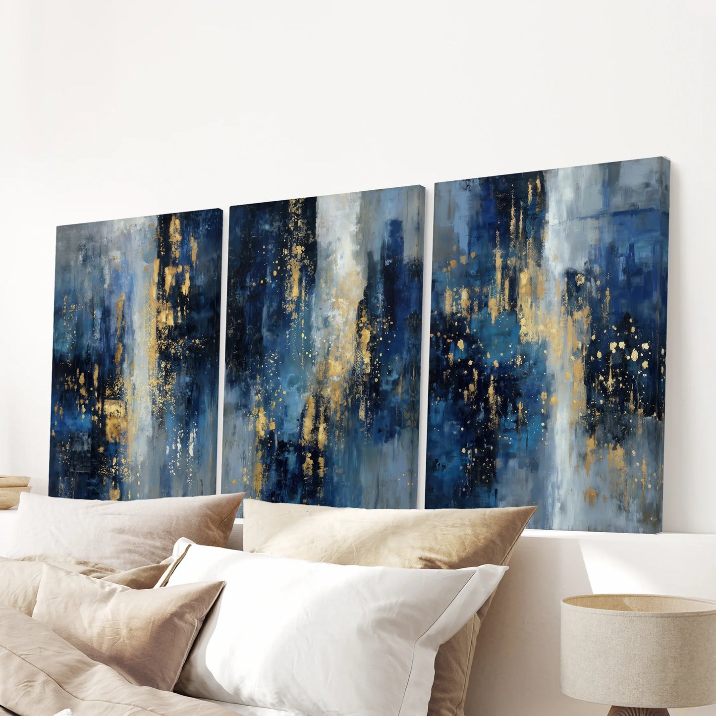 Navy Blue and Gold Abstract Wall Art Set of 3 Prints