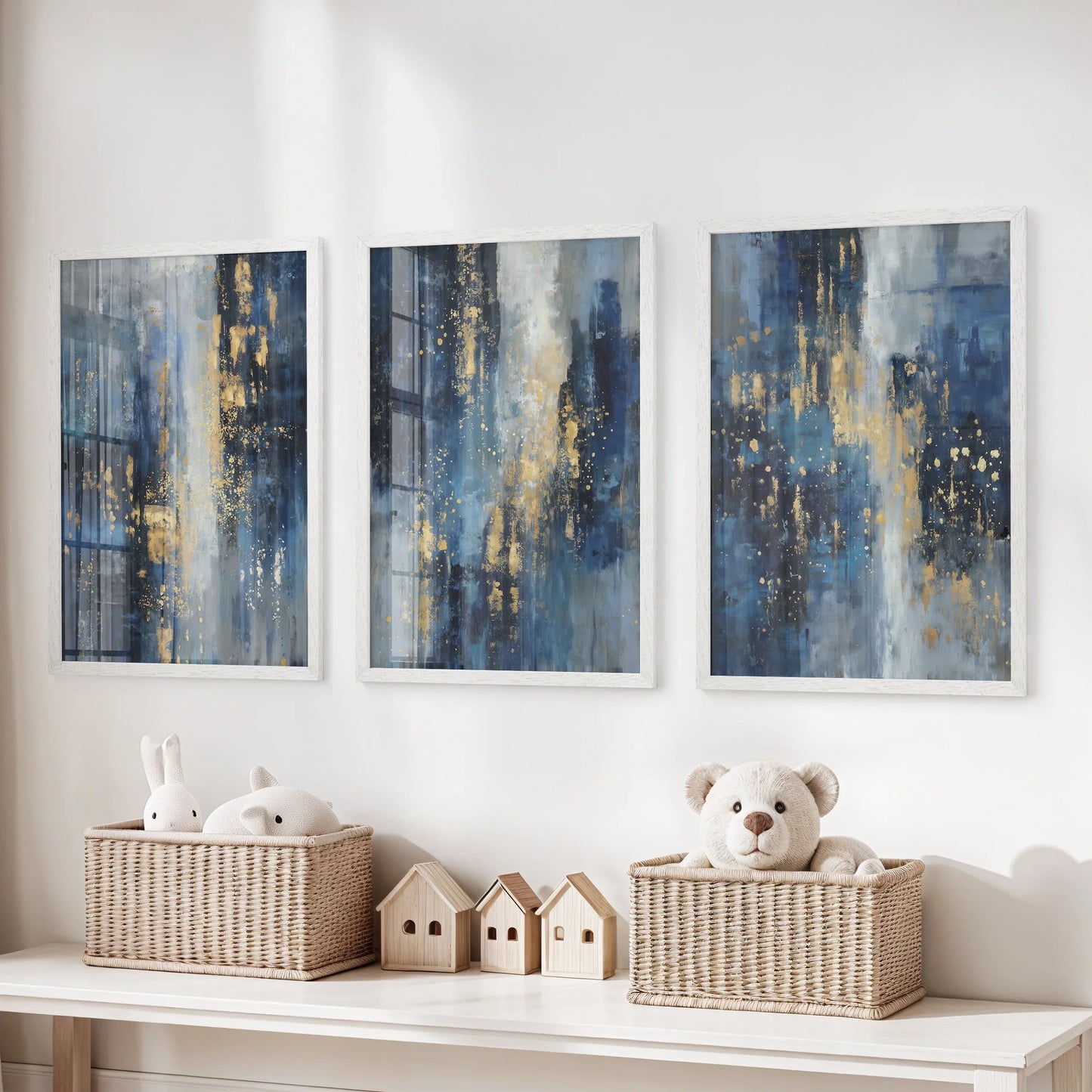 Navy Blue and Gold Abstract Wall Art Set of 3 Prints