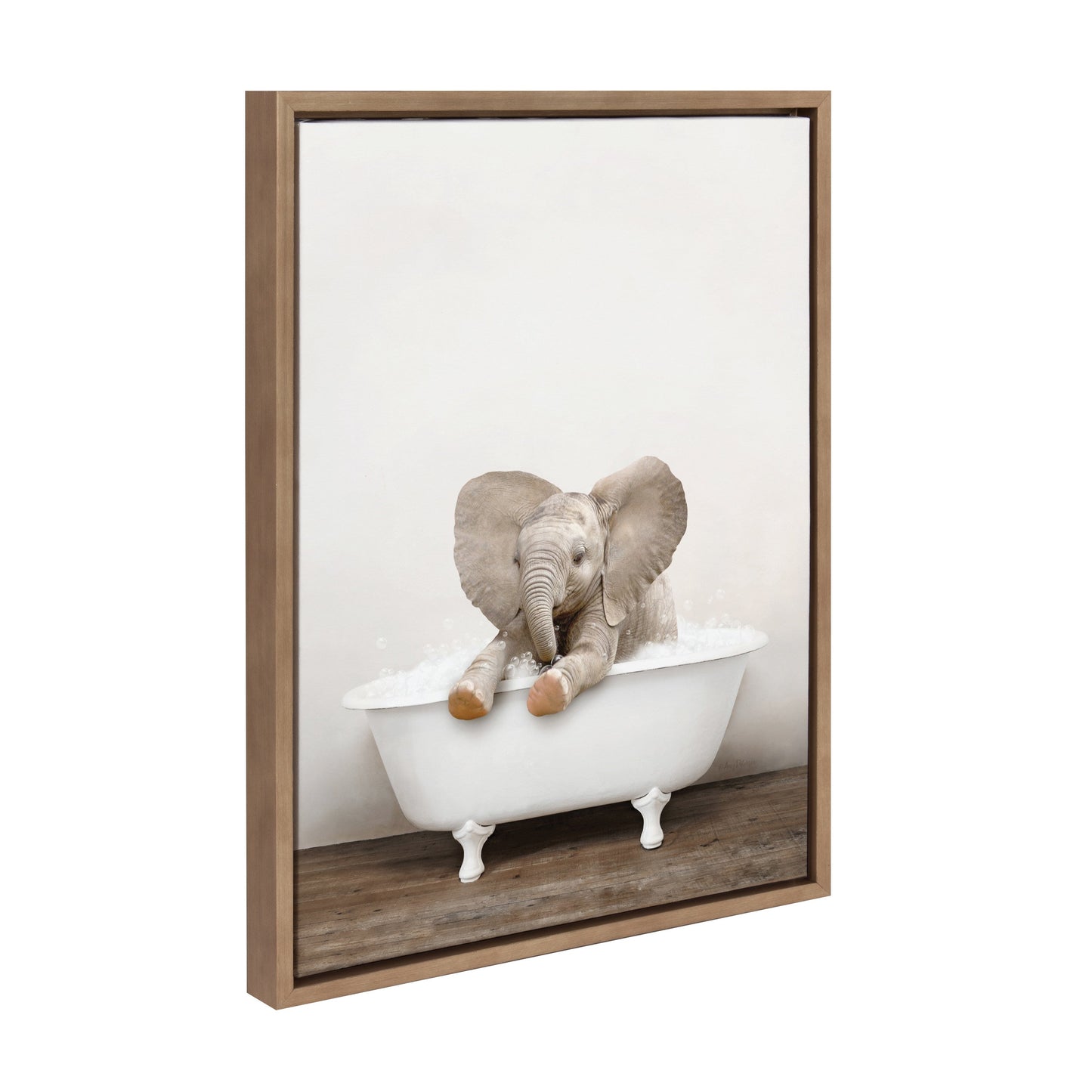 Baby Elephant in Rustic Bath Framed Canvas Wall Art