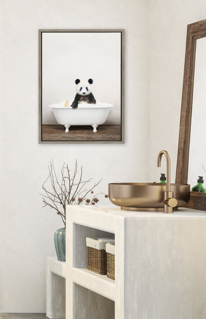 Panda Waving in Rustic Bath Framed Canvas Wall Art