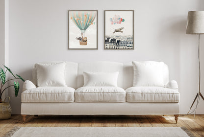 Happy Elephant in Paris Framed Canvas Wall Art Print
