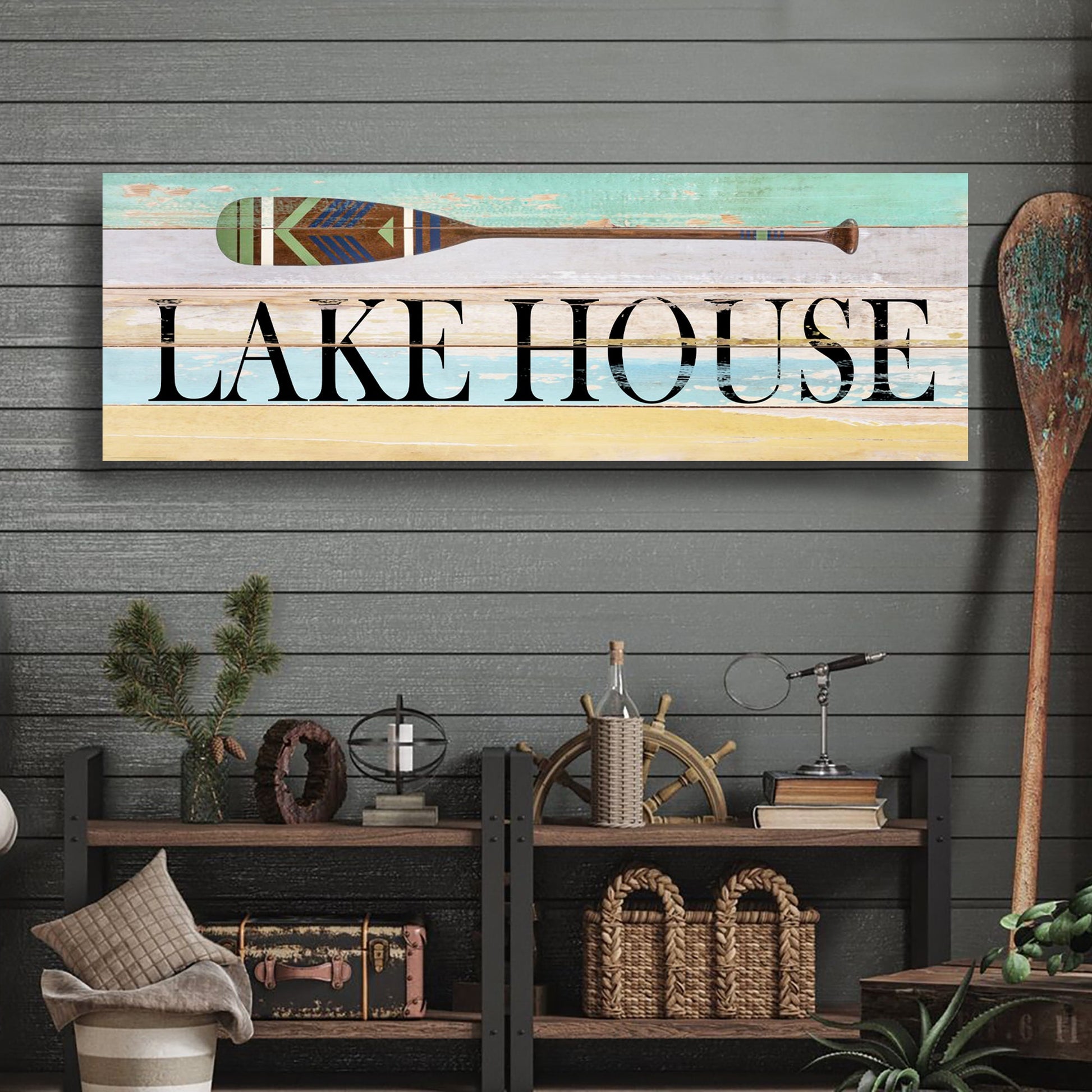 Lake house coastal canvas wall art, vertical nautical sign for cabin and waterfront decor