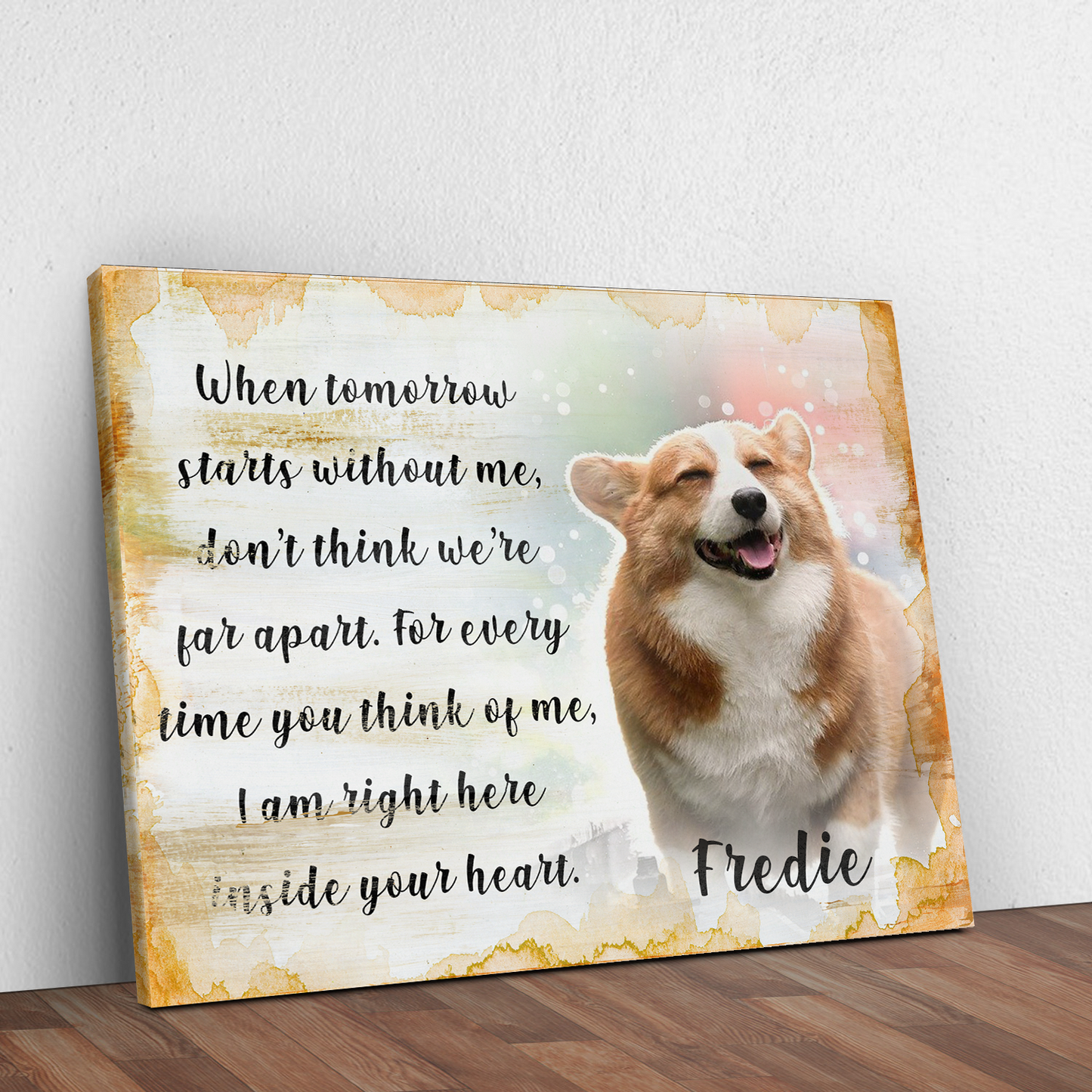 Personalized pet memorial canvas sign with name and date, rustic style, ready to hang