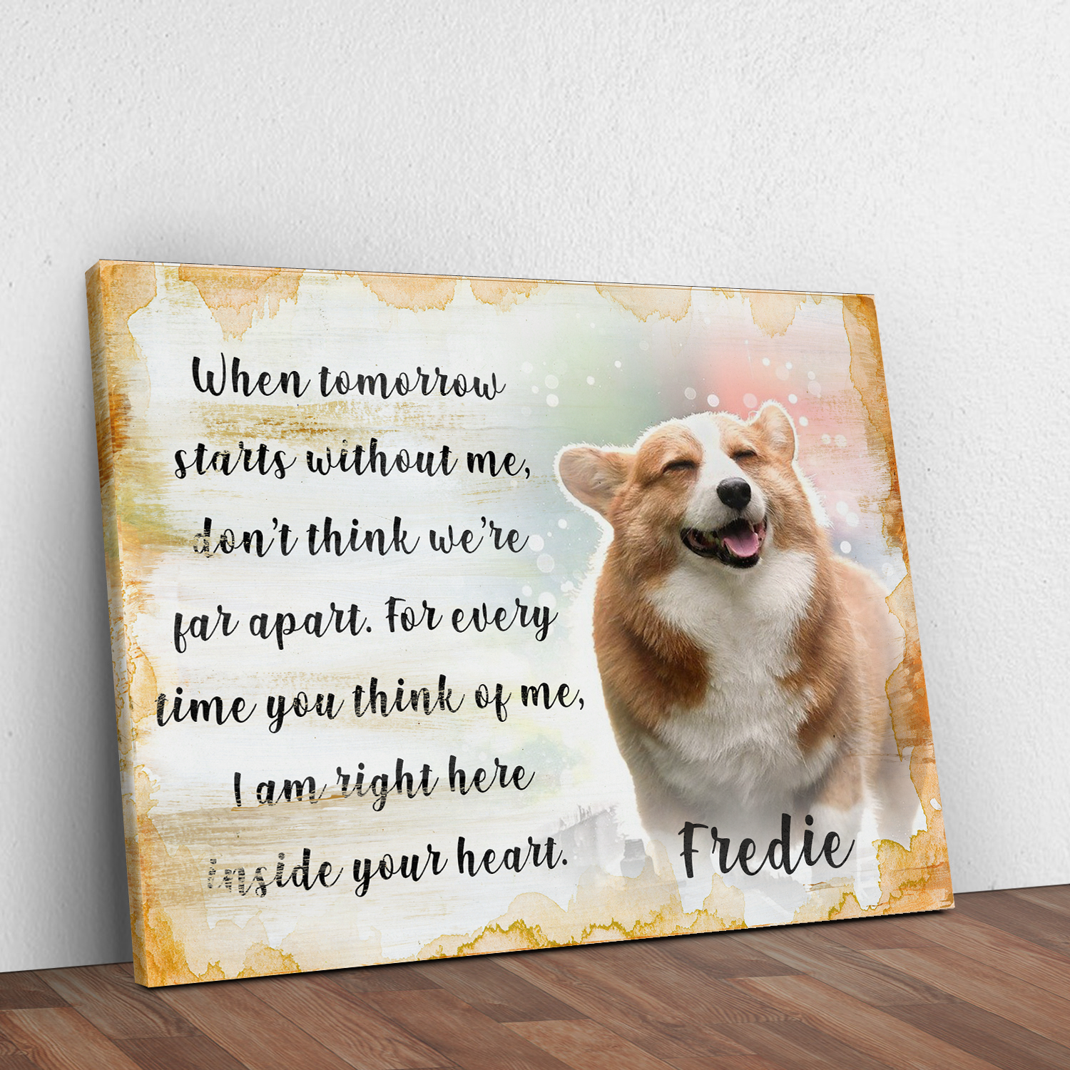 Personalized pet memorial canvas sign with name and date, rustic style, ready to hang