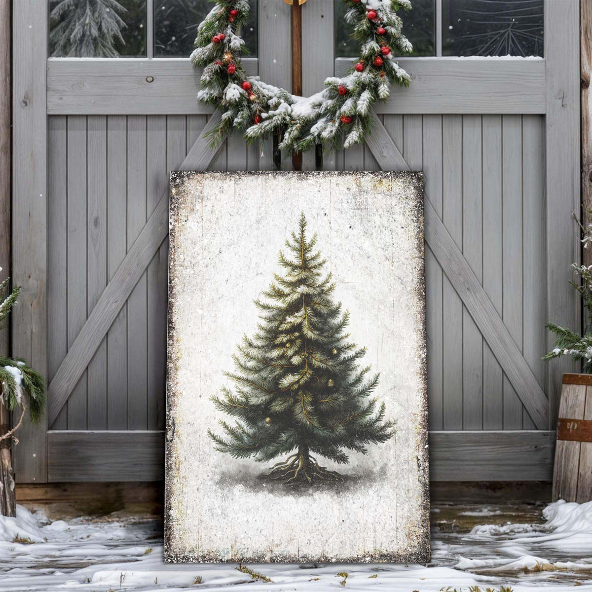 Canvas of a green pine tree on distressed white leaning on gray barn doors under a Christmas wreath