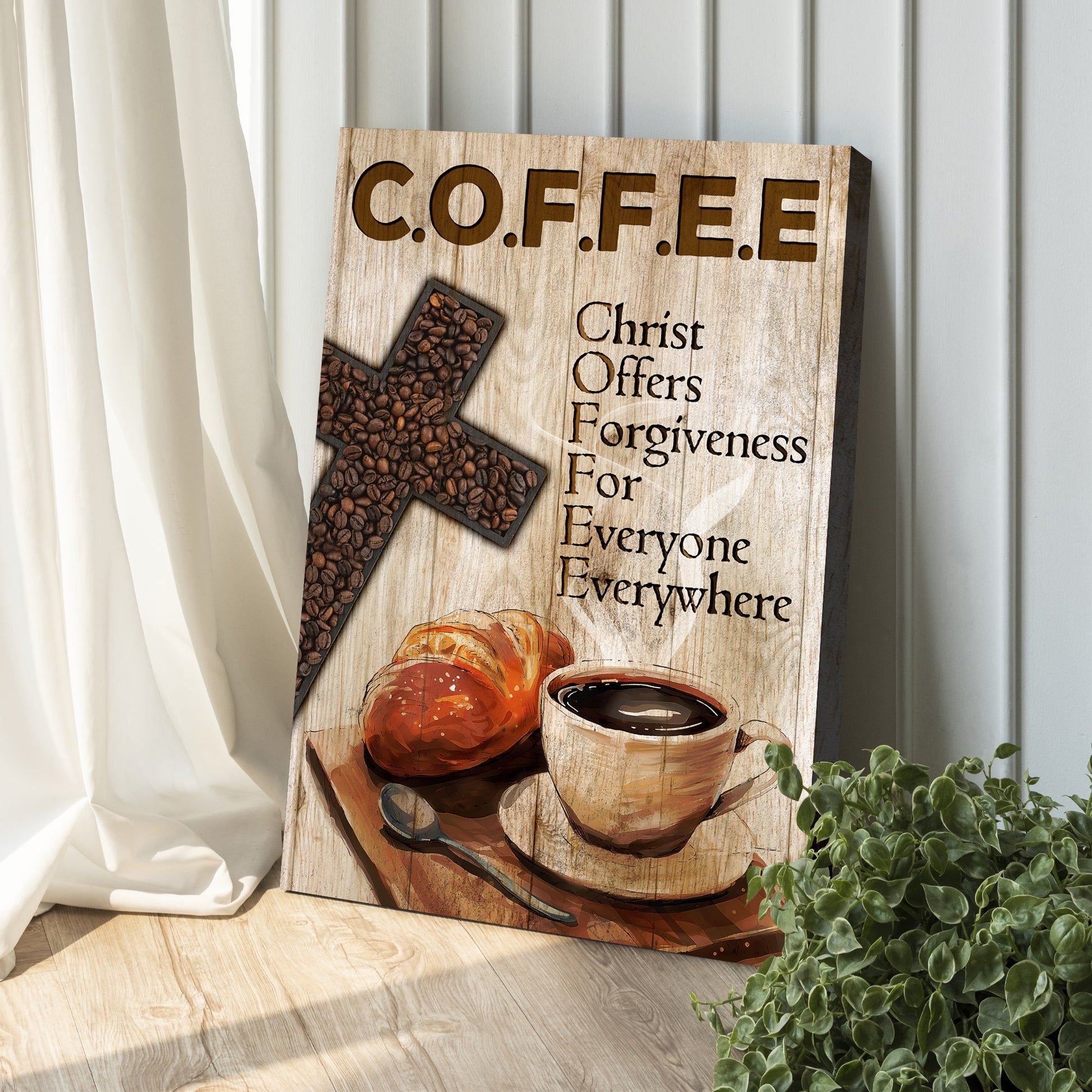 Christ and Coffee II faith canvas wall art with warm coffee and faith inspired design
