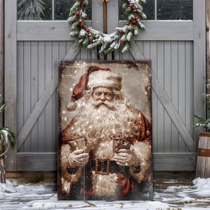 Canvas portrait of Santa Claus with a long curly white beard, red suit and black belt, leaning on a gray barn door