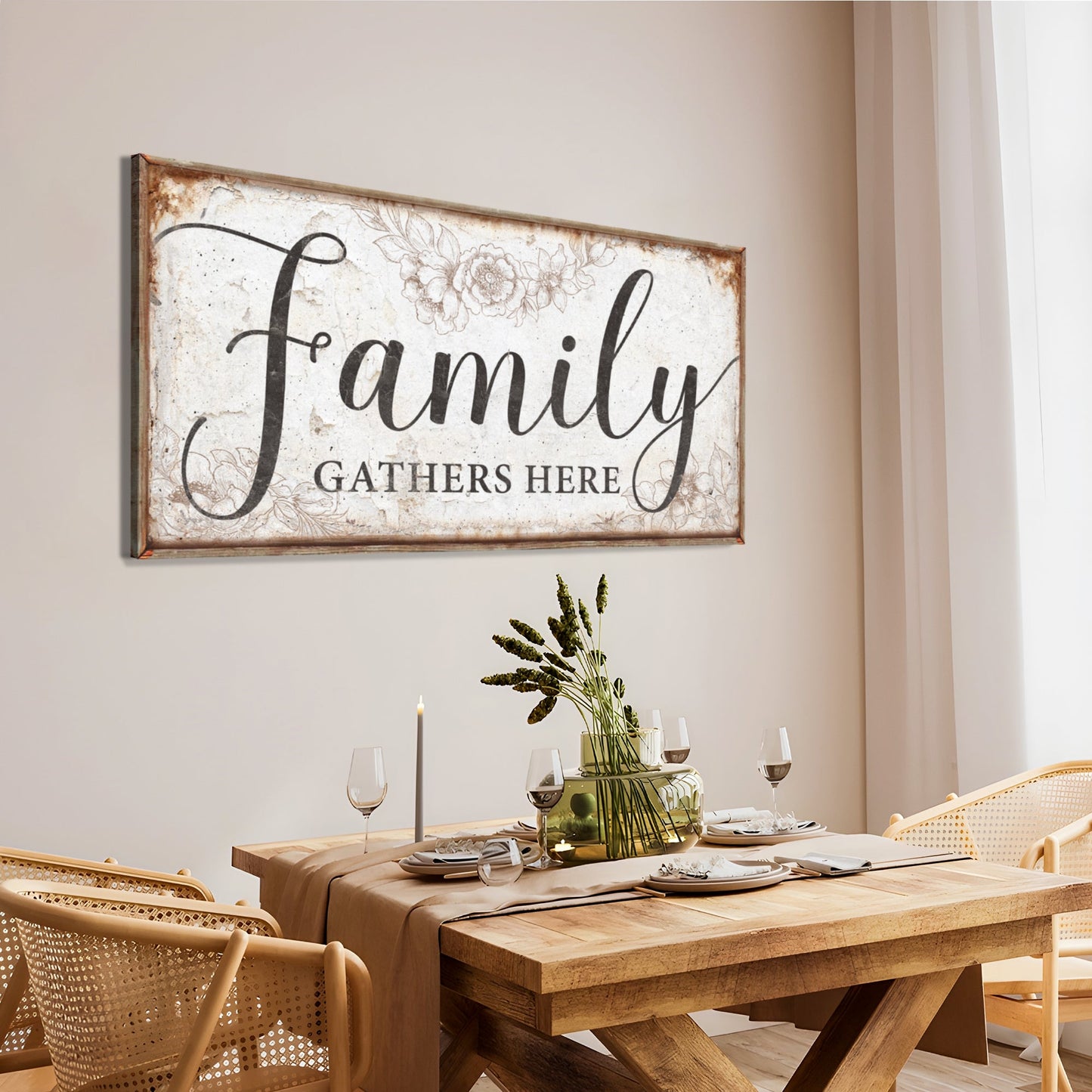 Family Gathers Here Canvas Wall Art Sign