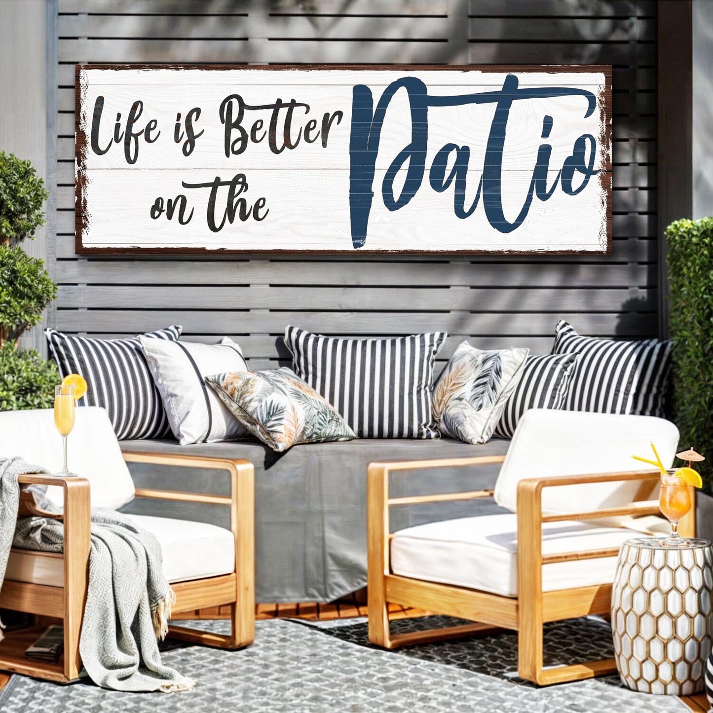 Life Is Better on the Patio vertical canvas wall art for outdoor patio and sunroom decor