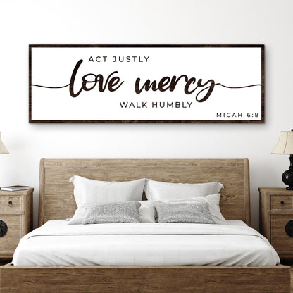 Act Justly Love Mercy Bold Brush Script canvas shown in a styled room setting, view 3