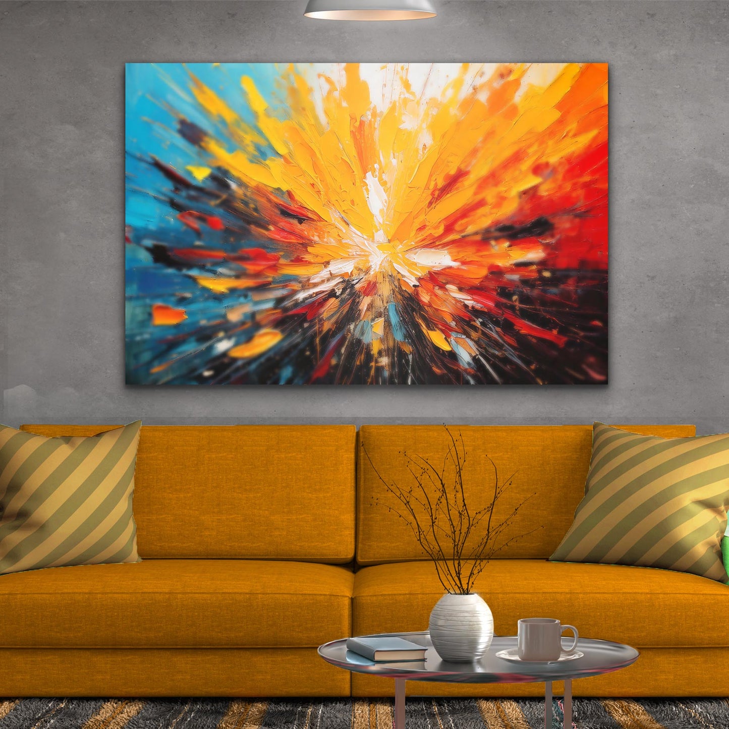 Color burst abstract canvas wall art with vibrant red yellow and blue dynamic abstract design
