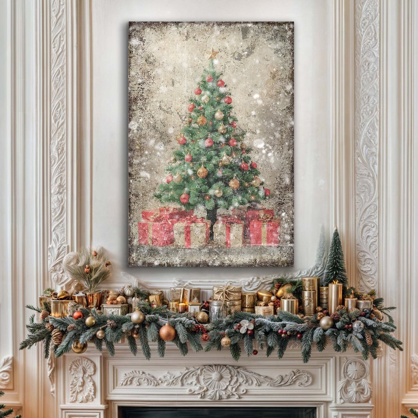 Vintage Christmas Tree With Gifts Canvas Wall Art