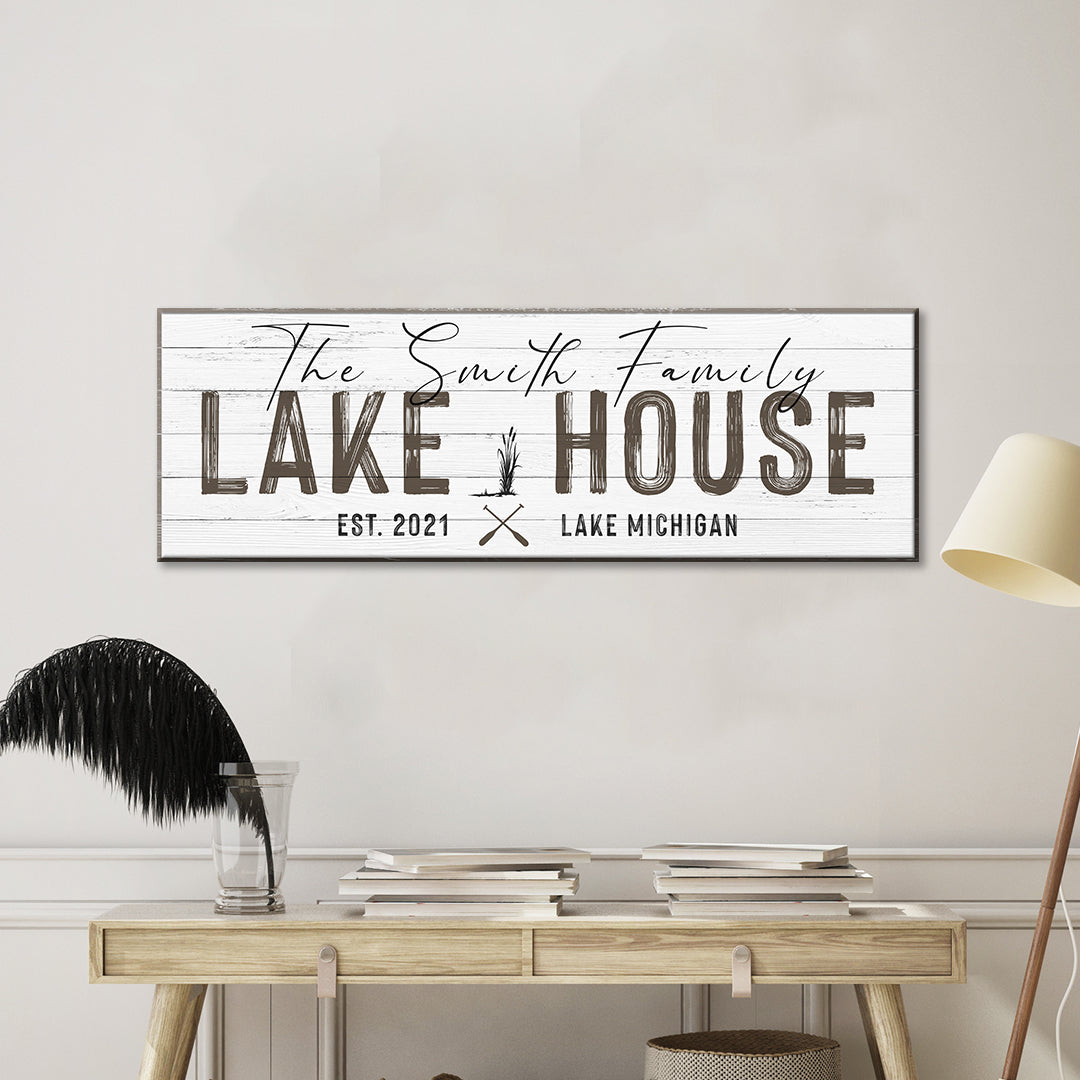 Classic family lake house canvas sign with clean traditional lettering and custom family name