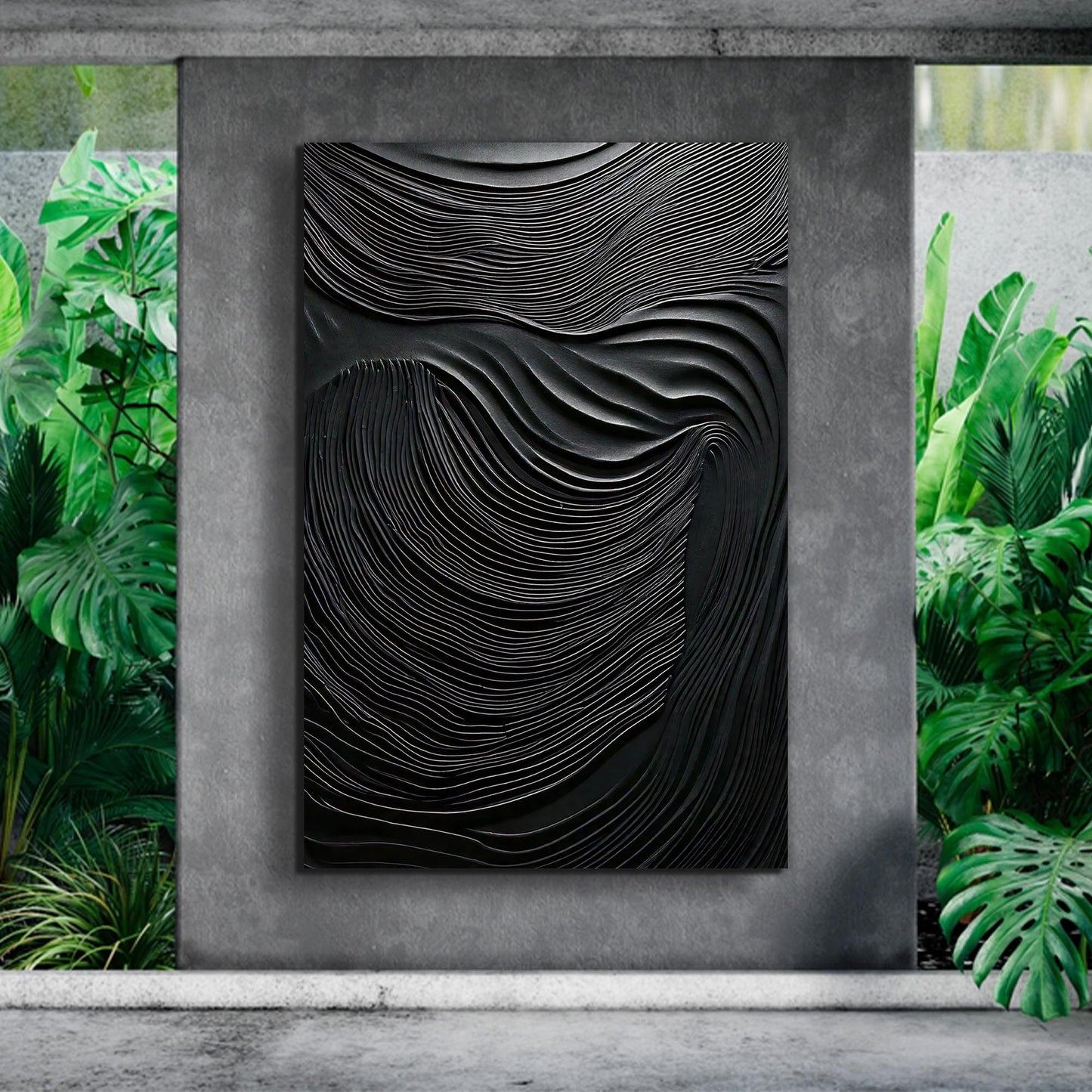 Black wave abstract canvas wall art with flowing monochromatic ocean wave textures