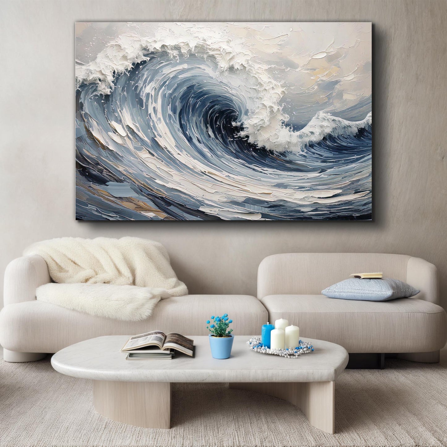 Ocean wave canvas wall art with powerful crashing wave in rich coastal blue tones