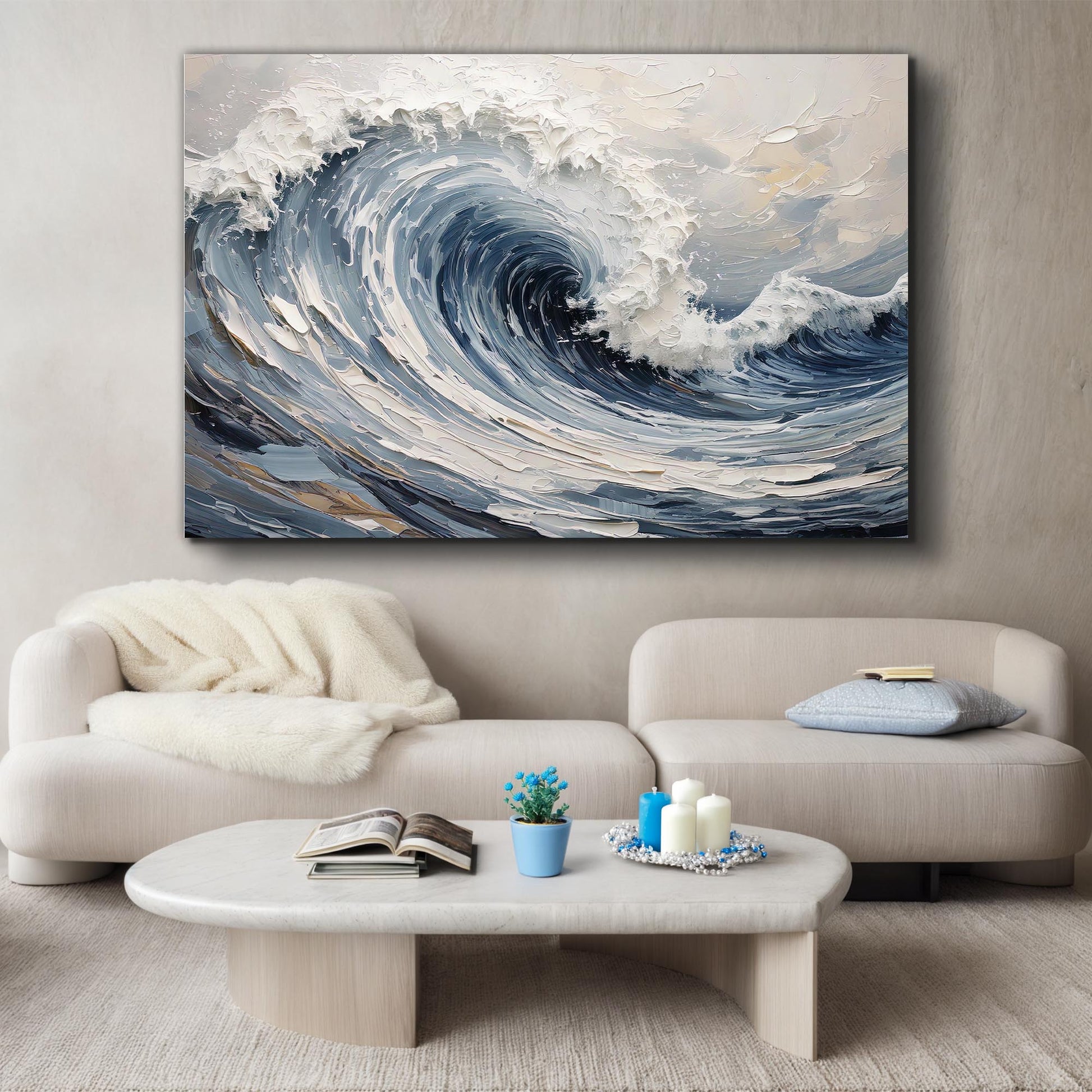 Ocean wave canvas wall art with powerful crashing wave in rich coastal blue tones
