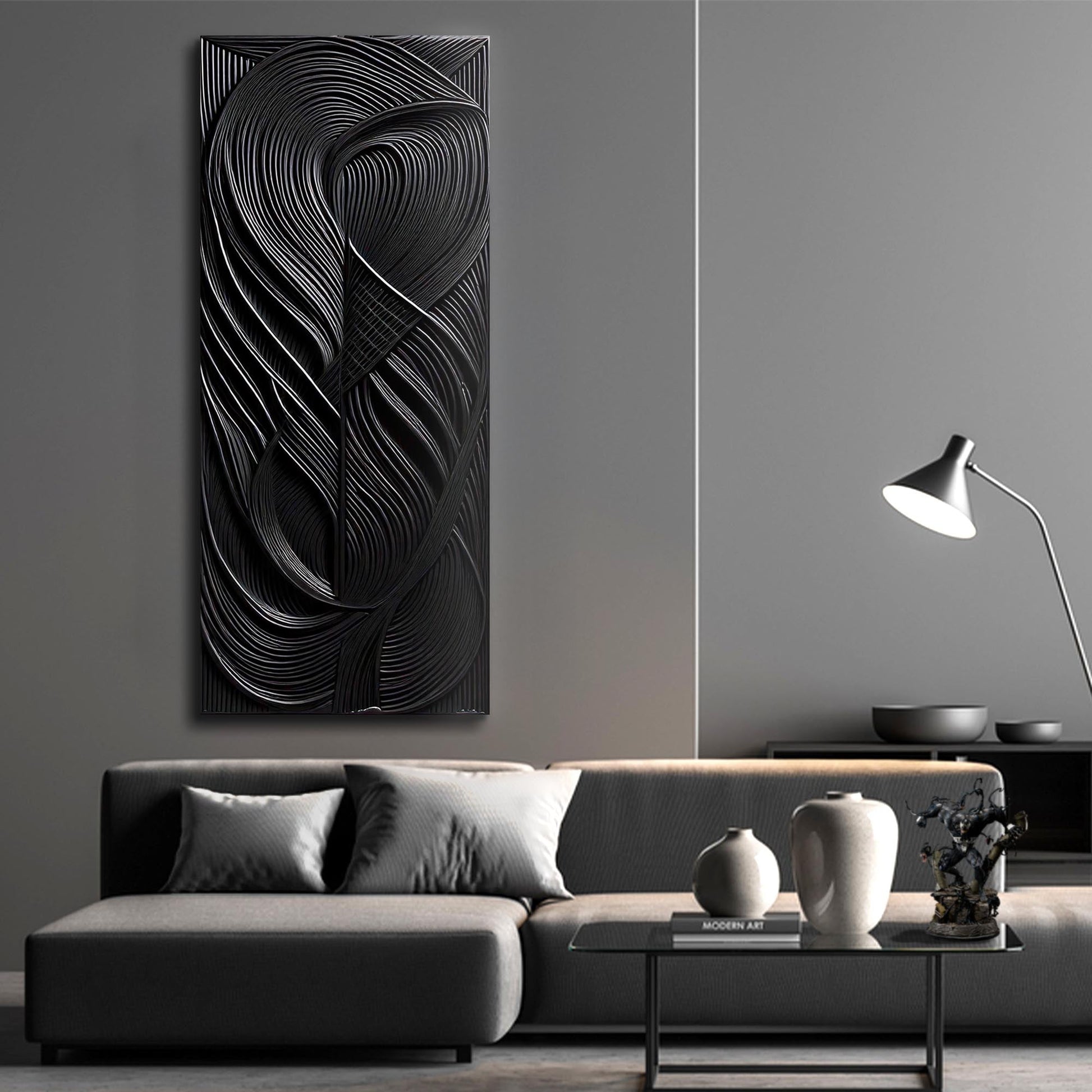 Black waves abstract canvas wall art with fluid monochrome wave textures in modern style