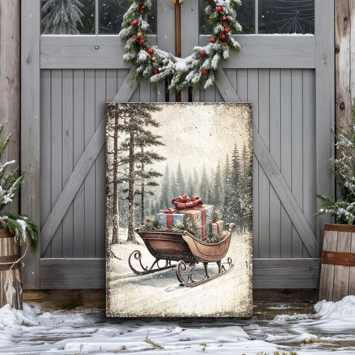 Vintage Christmas Sleigh Sled canvas wall art III, family in horse-drawn sleigh winter scene