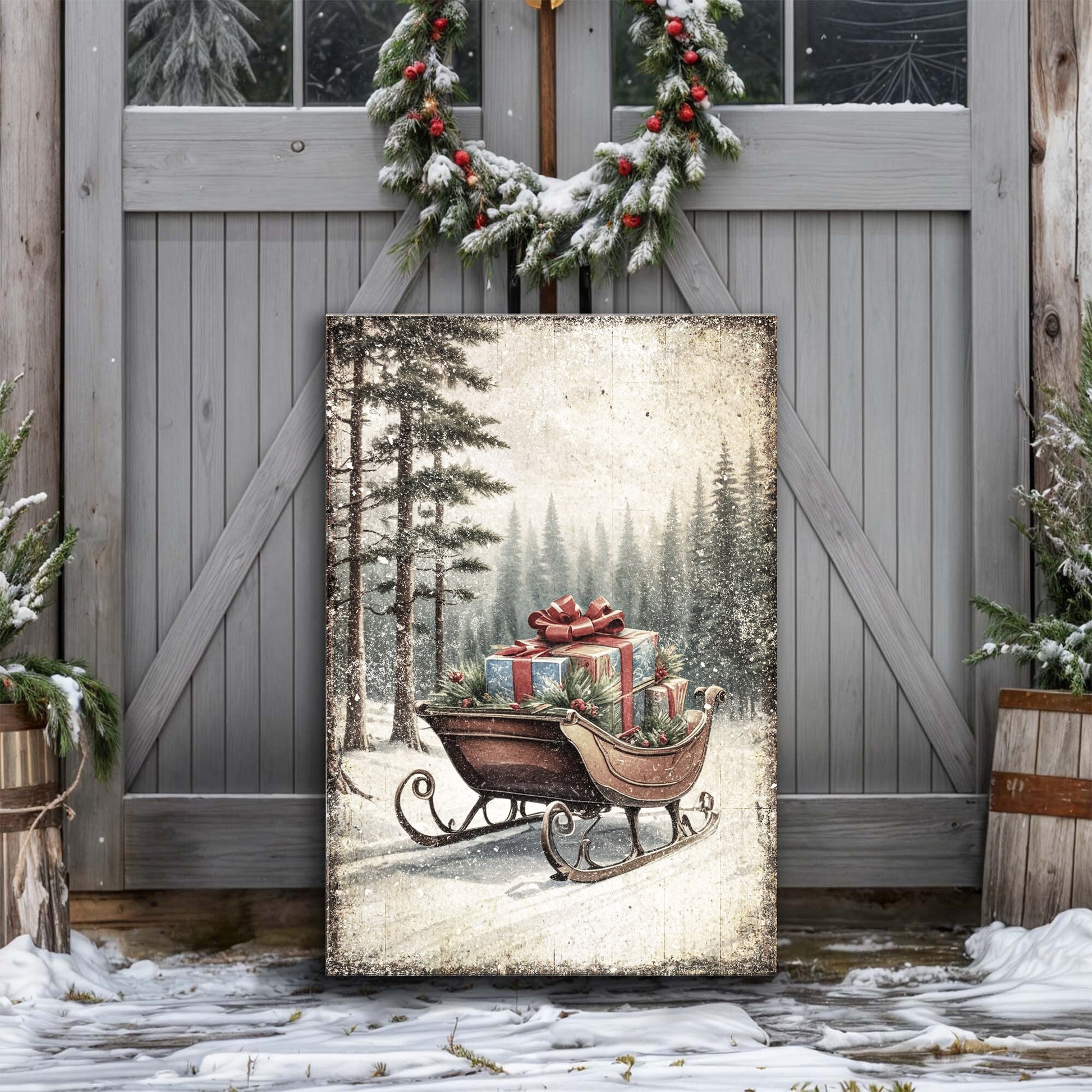 Vintage Christmas Sleigh Sled canvas wall art III, family in horse-drawn sleigh winter scene