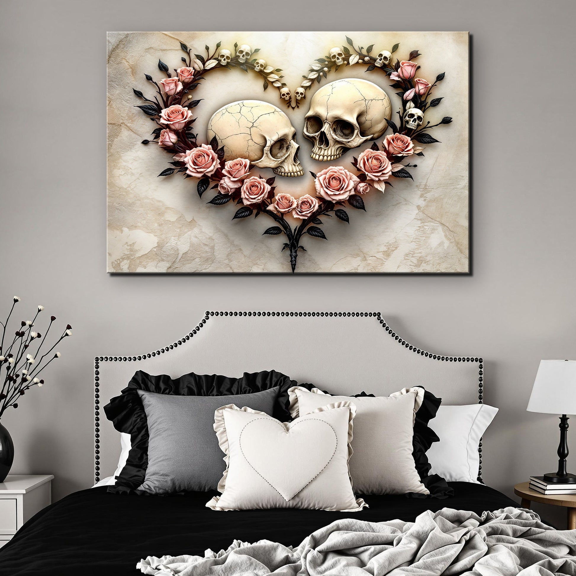 Skull and flowers dark floral canvas wall art edgy bedroom decor