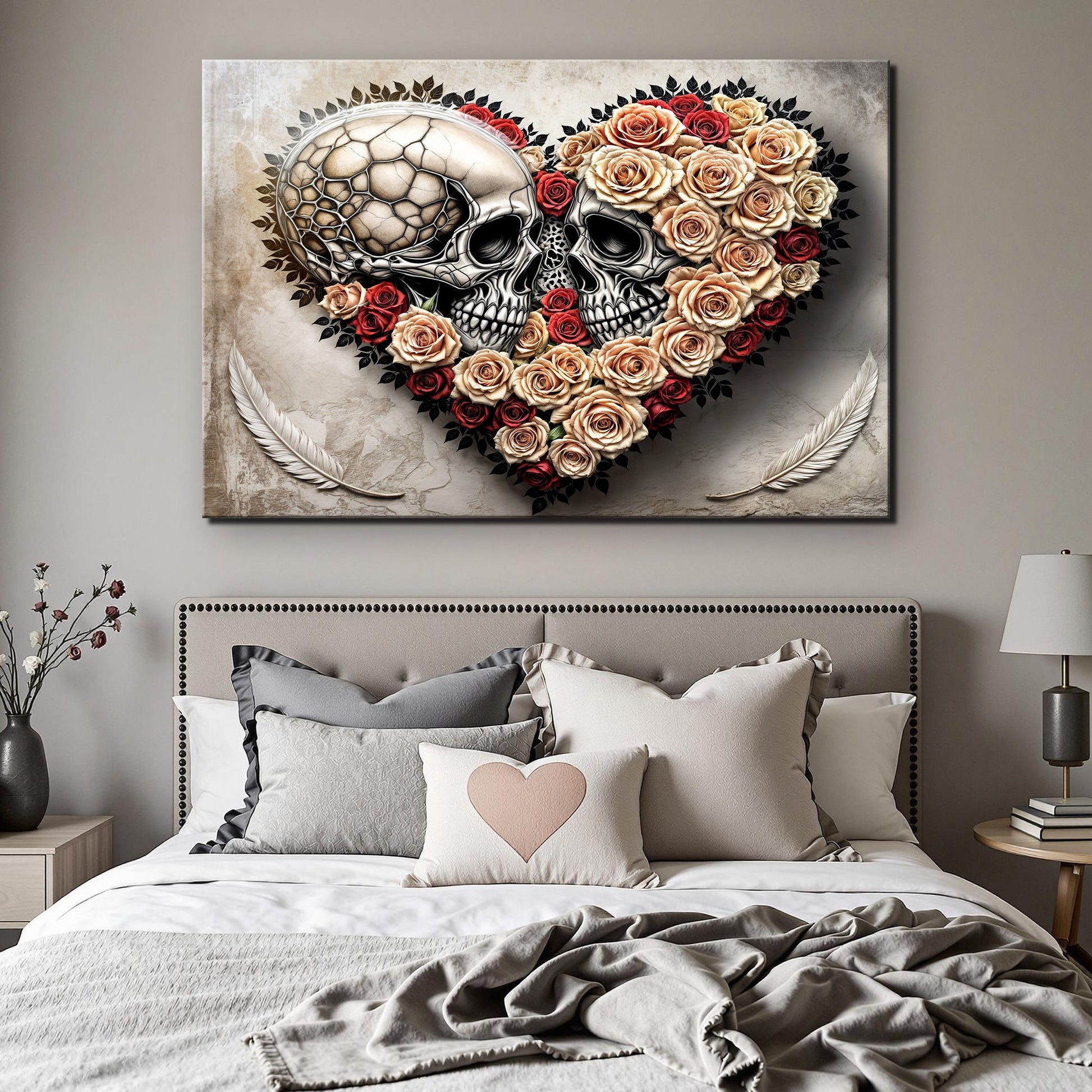 Skull and flowers gothic canvas wall art bold art for creative spaces