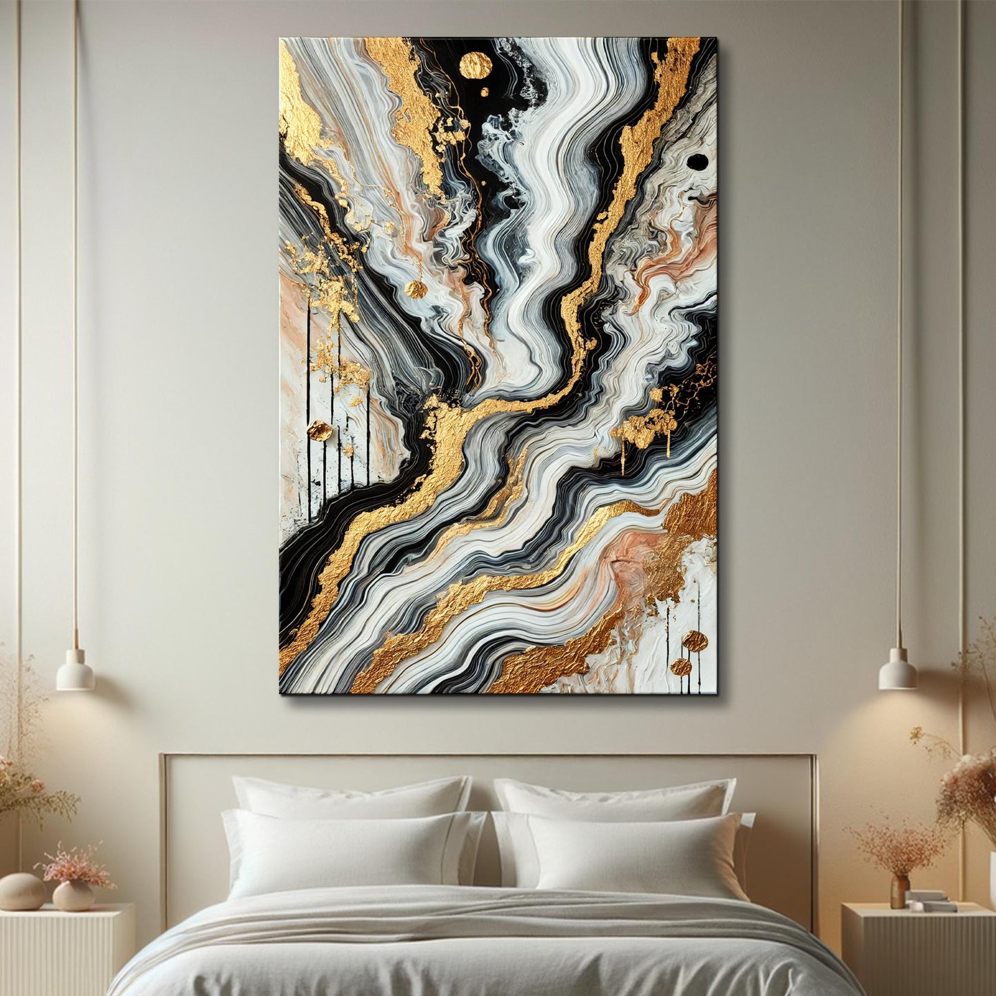 Gold marble effect abstract canvas wall art with golden veins through black and white swirling tones