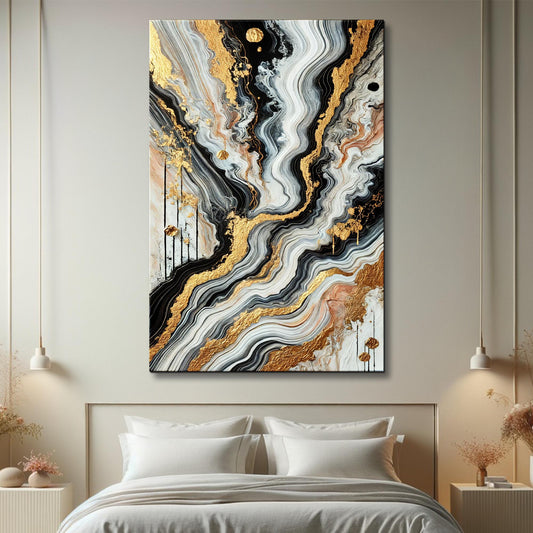 Gold marble effect abstract canvas wall art with golden veins through black and white swirling tones