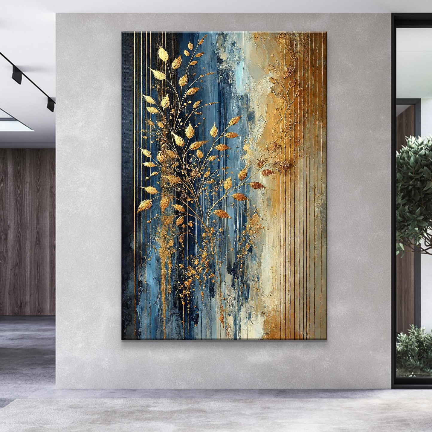 Gold leaves canvas wall art with radiant gold leaf accents on deep navy blue background