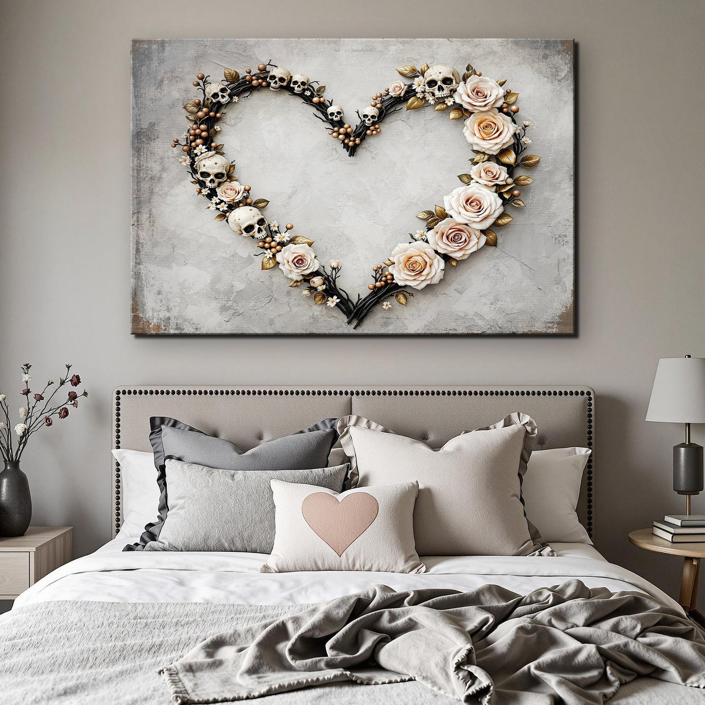 Skull and flowers botanical canvas wall art gothic floral bedroom decor