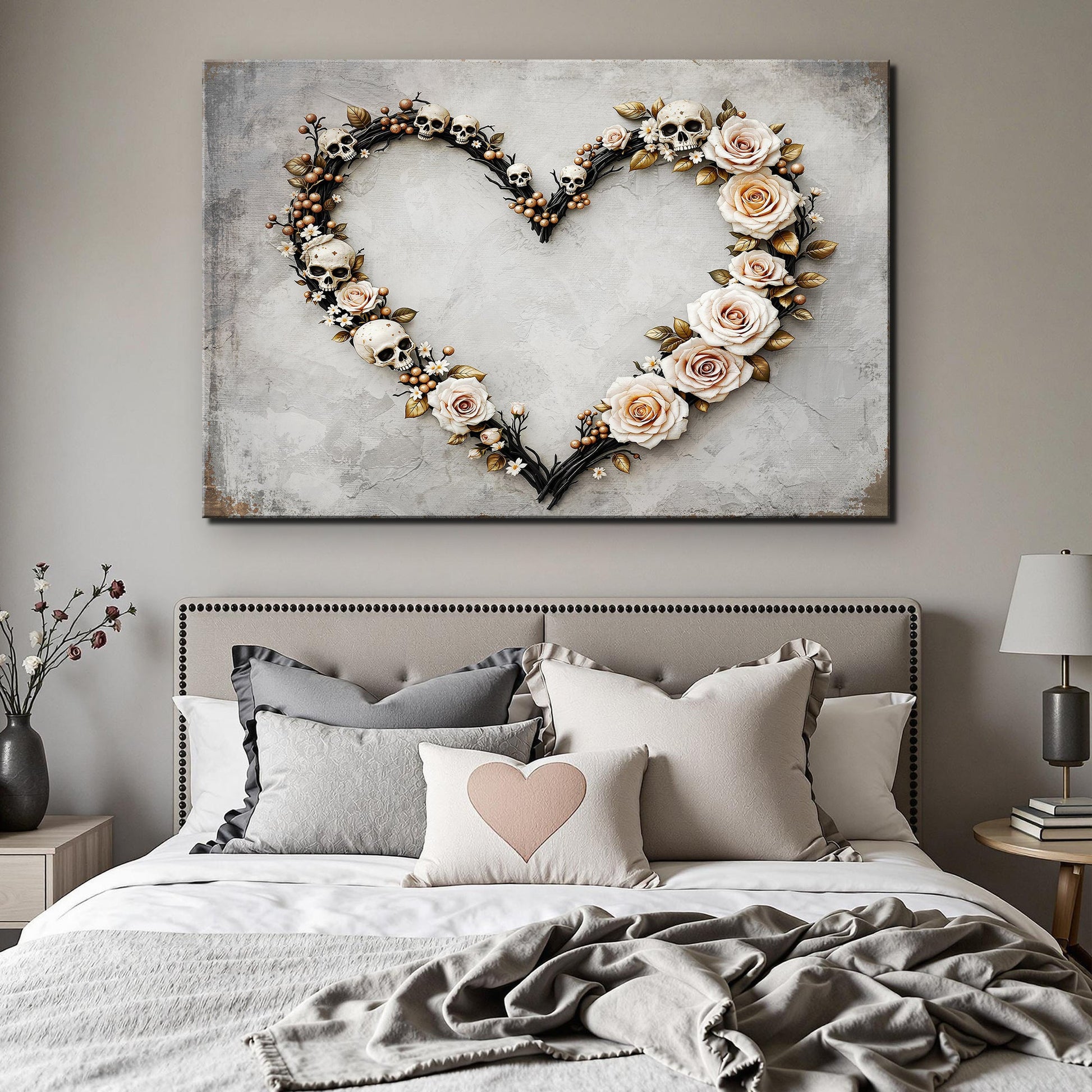 Skull and flowers botanical canvas wall art gothic floral bedroom decor