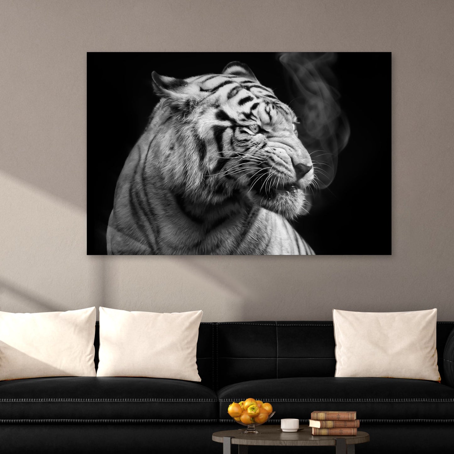 Black and White Smoking Tiger Canvas Wall Art