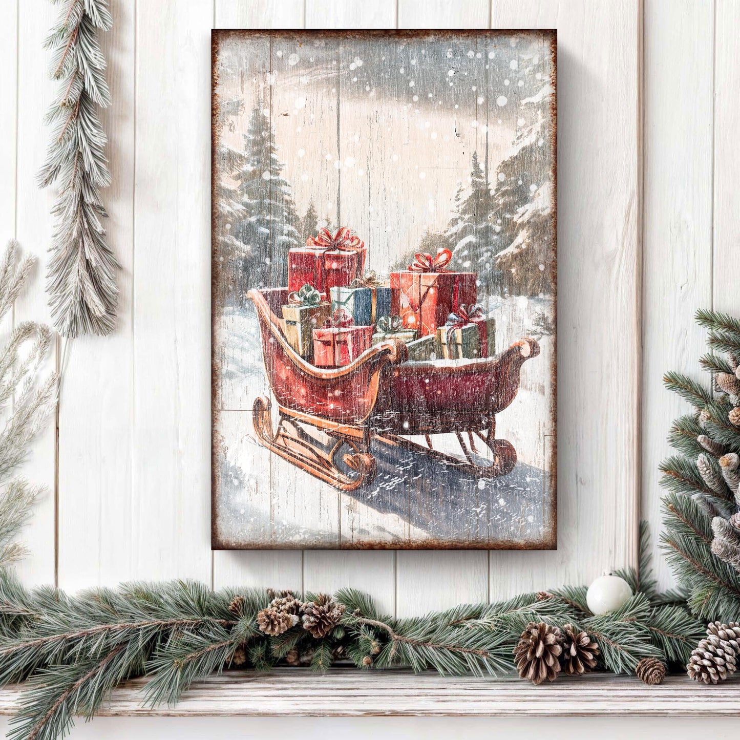 Vintage Christmas Sleigh Sled Canvas Wall Art