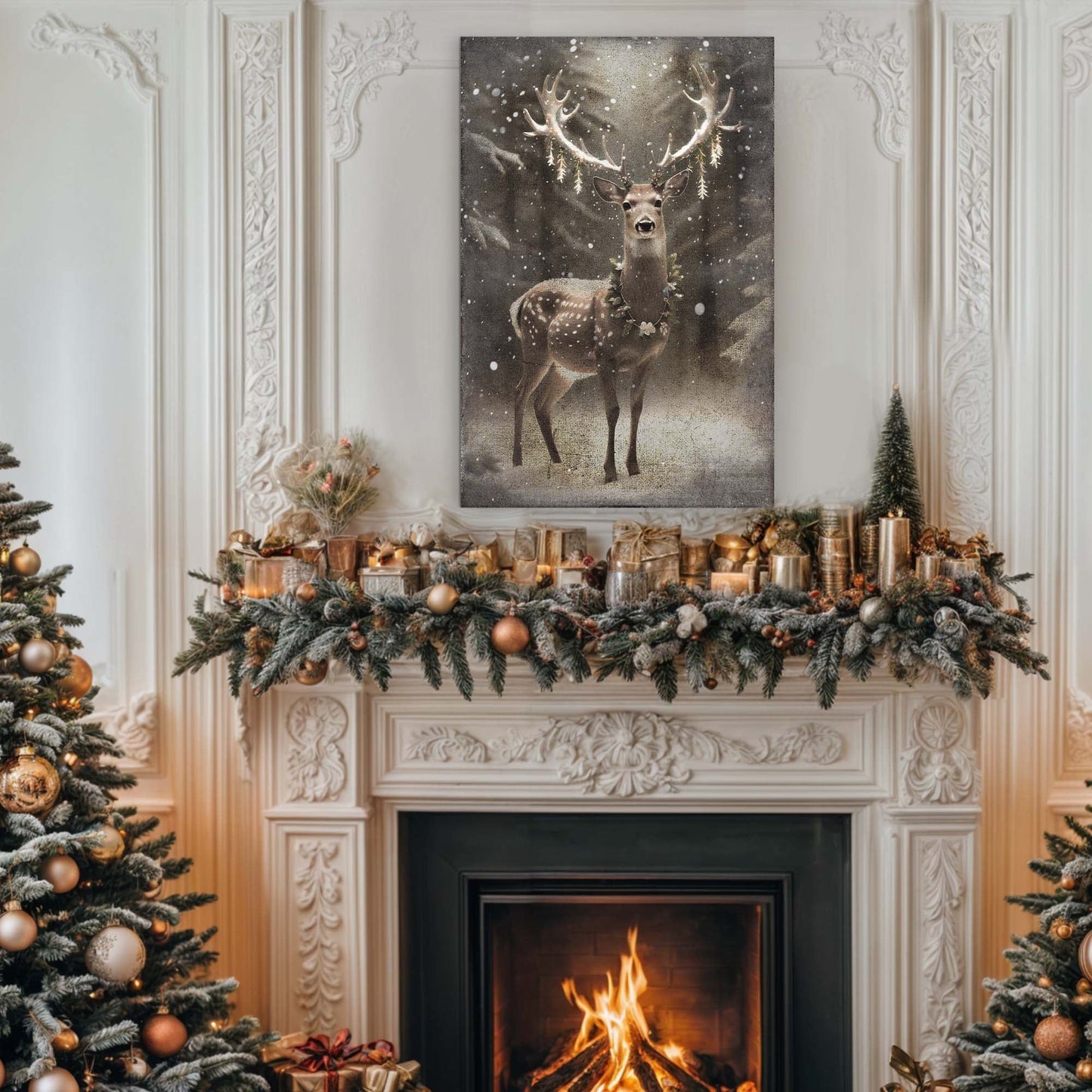 Vintage Winter Deer Canvas Wall Art