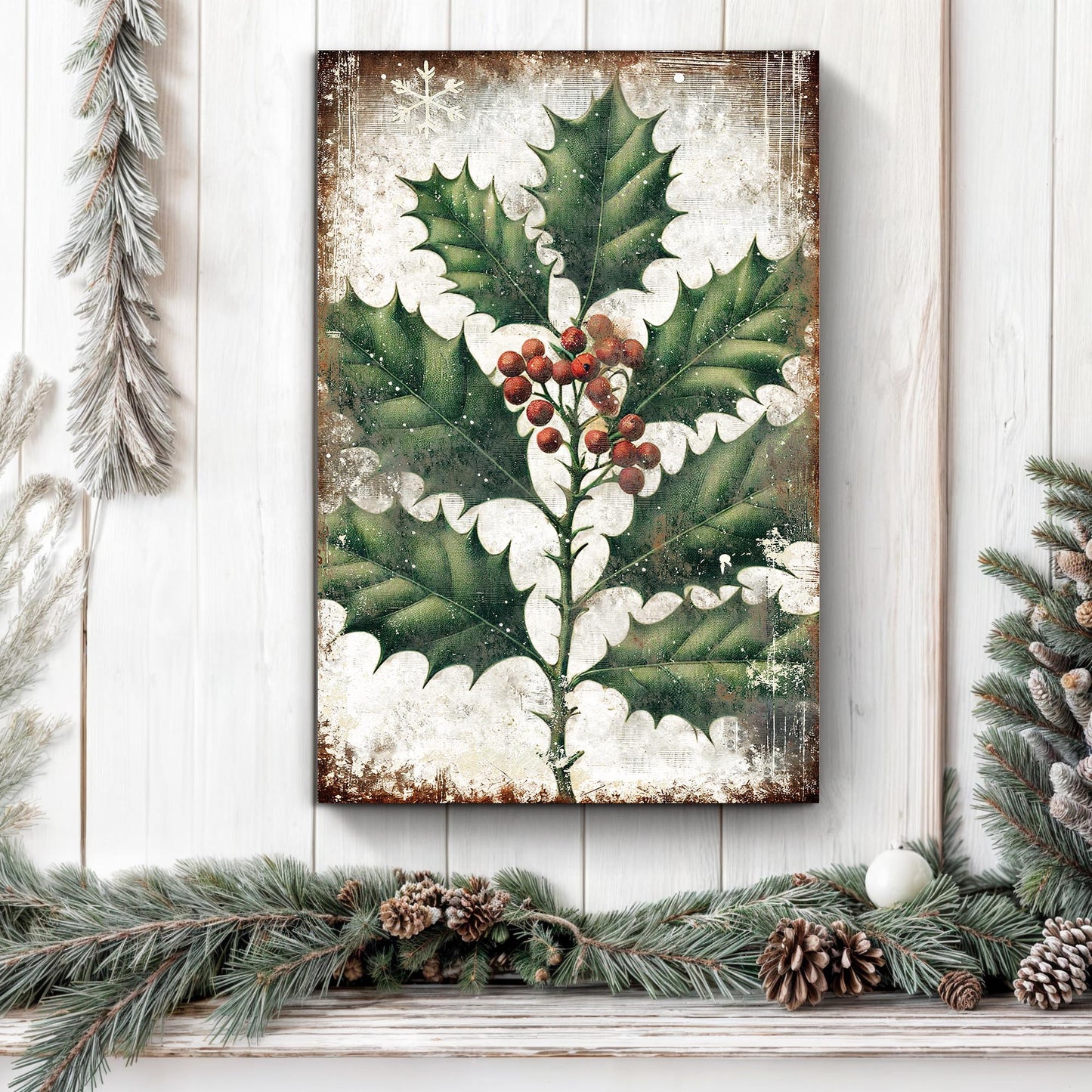 Christmas holly canvas wall art with red berries and green leaves, festive holiday decor
