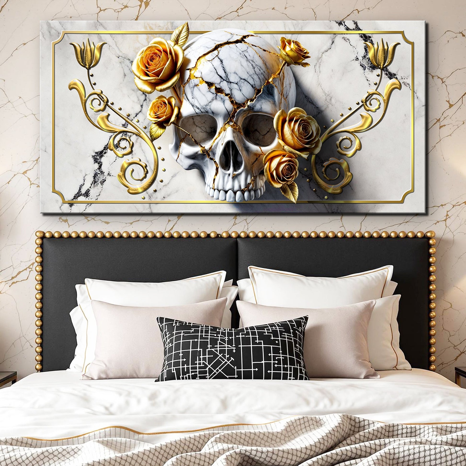 3D rose and skull canvas wall art design
