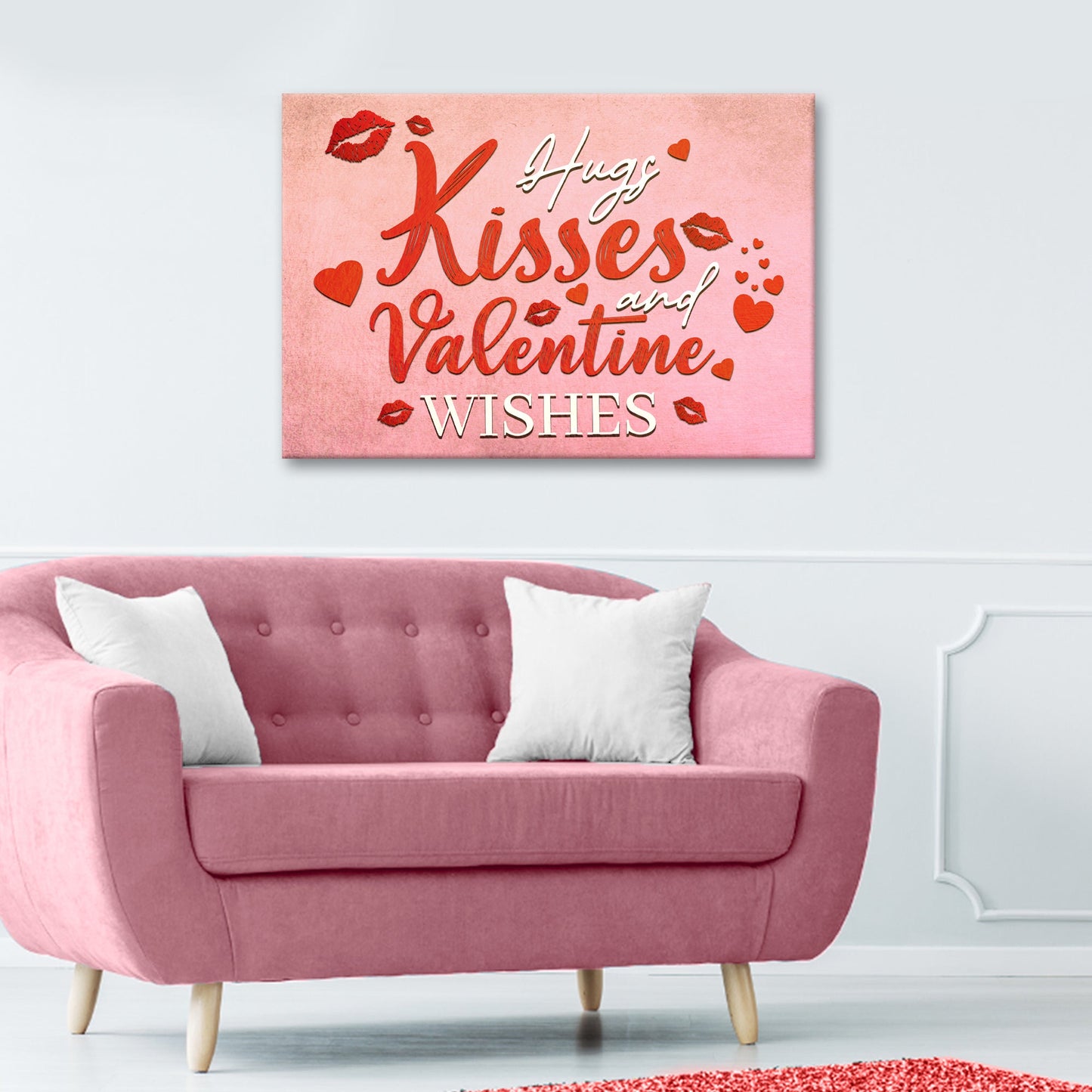 Hugs Kisses and Valentine Wishes canvas wall art with charming Valentine typography on gallery-wrapped canvas for bedroom and living room decor