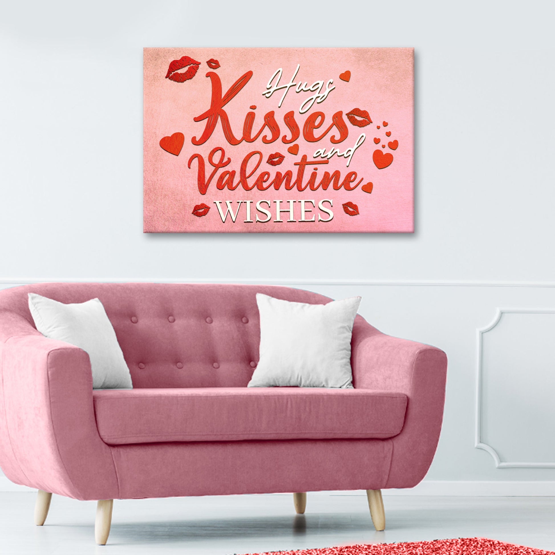 Hugs Kisses and Valentine Wishes canvas wall art with charming Valentine typography on gallery-wrapped canvas for bedroom and living room decor