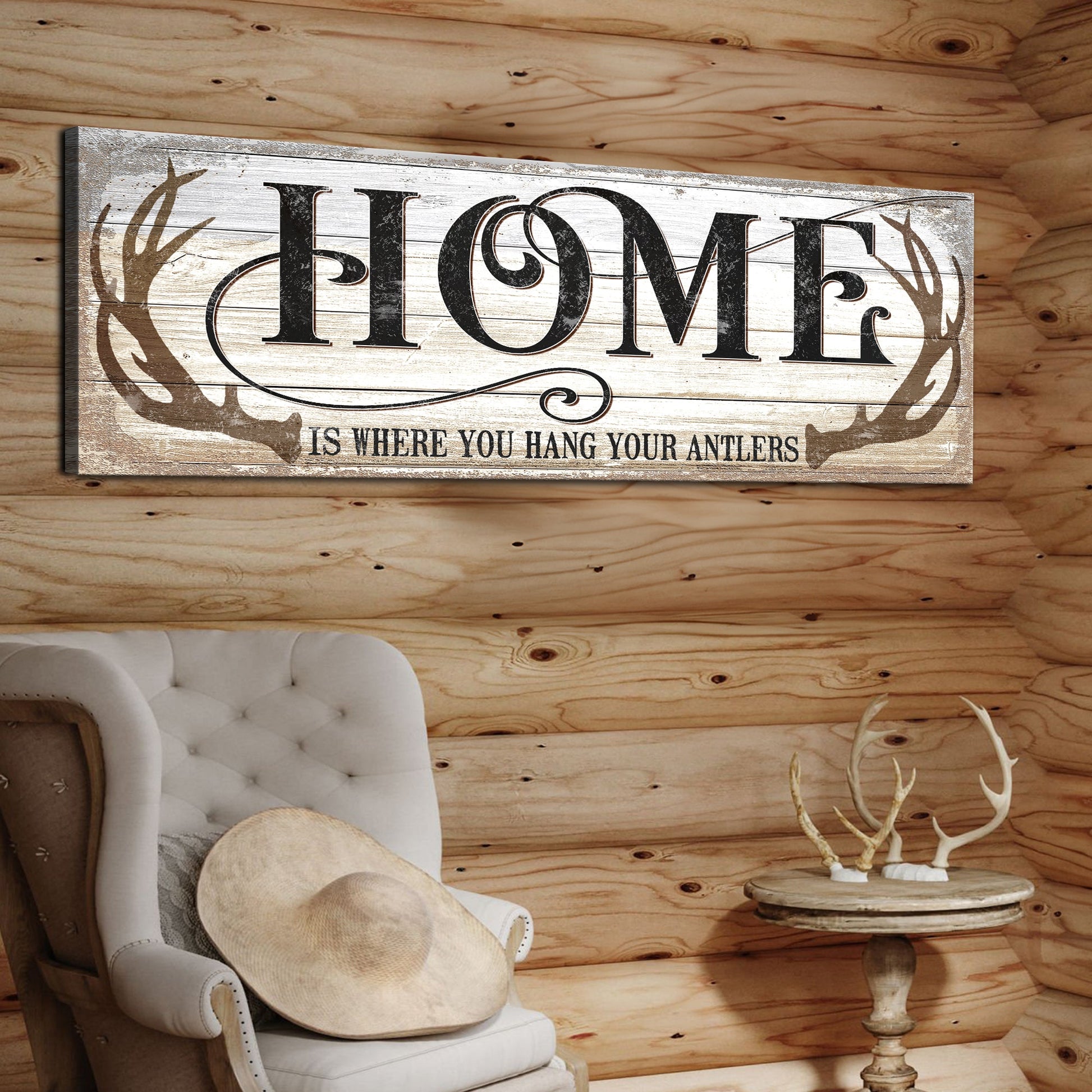 Home Is Where You Hang Your Antlers canvas wall art with antler art and rustic saying on gallery-wrapped canvas for cabin decor