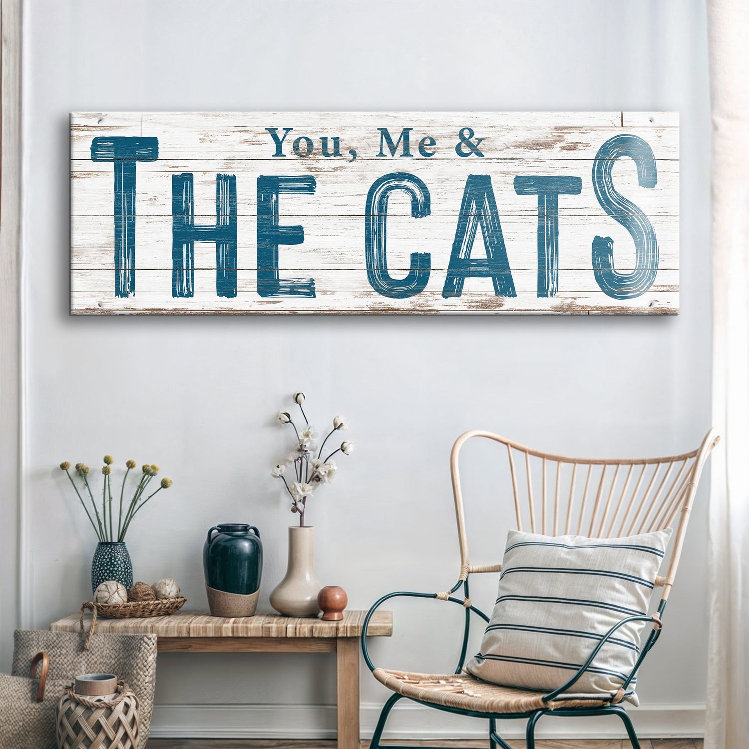 You Me and the Cats family canvas wall art in vertical format for cat lover bedrooms