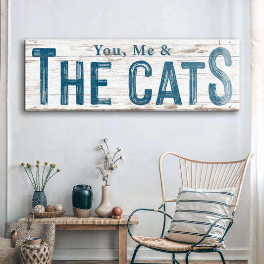 You Me and the Cats family canvas wall art in vertical format for cat lover bedrooms
