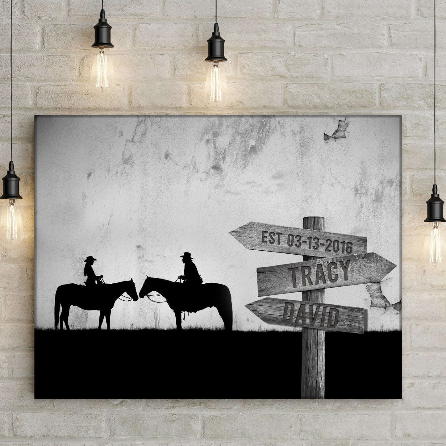 Personalized horse couple canvas sign with names and date, rustic farmhouse style, ready to hang
